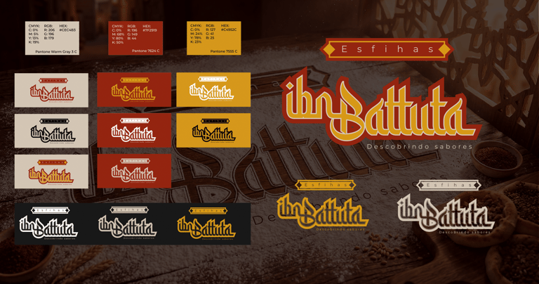 Identidade visual para esfiharia árabe Ibn Battuta com variações de logotipo, paleta de cores e apli