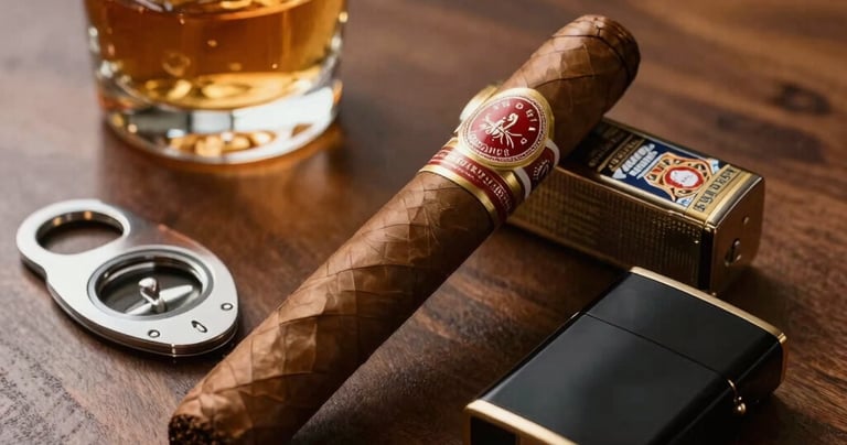 Premium leather cigar accessories displayed on a dark wood surface with golden lighting