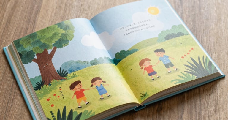 Vibrant children’s book illustration featuring whimsical angels in a dreamy aqua landscape