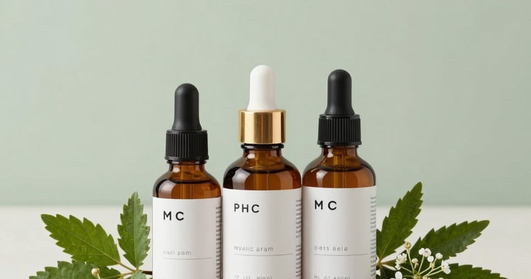 Herbal cosmetics arranged on a soft baby pink background with green leaves and delicate flowers.