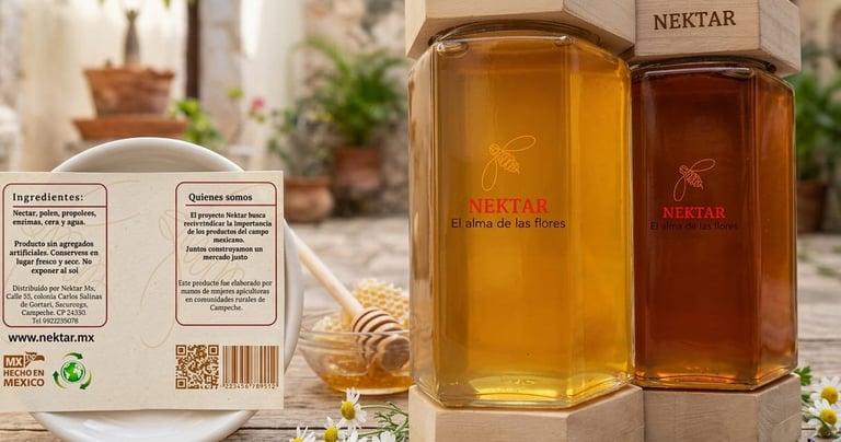 Two hexagonal glass jars of raw Nektar honey with wooden lids and labels on a rustic wooden table.