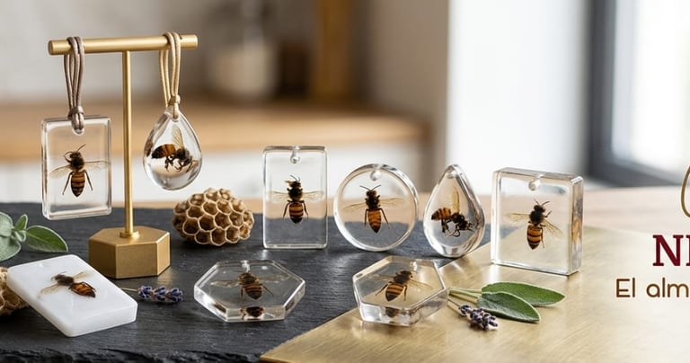 Handmade bee resin jewelry pendants and honey accessories displayed on a dark slate tabletop.