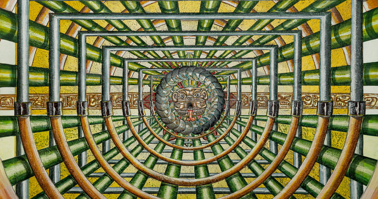 Surreal digital art featuring a central Mayan stone head inside a geometric tunnel of green and gold pipes.