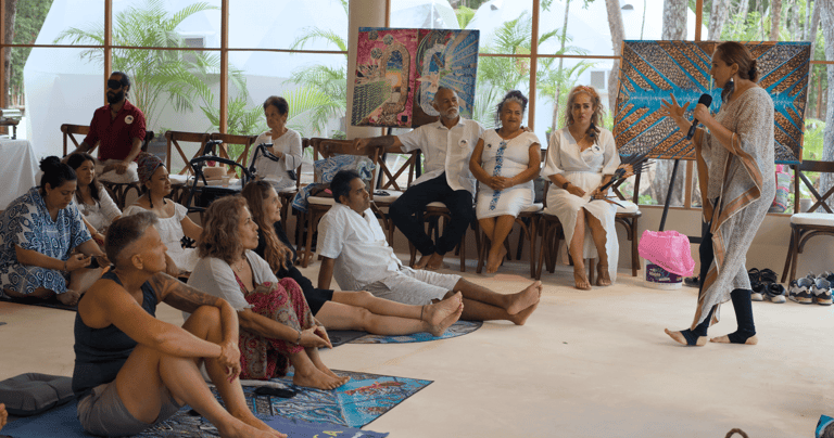 A group attends a workshop at Venamarte, with comfortable spaces for indoor or outdoor presentations