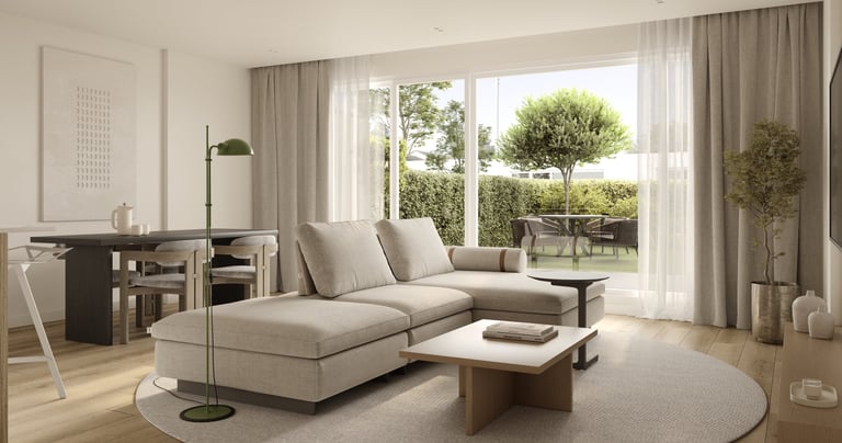 Modern open-concept living room featuring a beige sectional sofa, Render hiper realista de un salón 