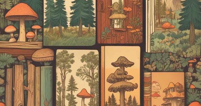 An open digital tablet displaying a colorful foraging guide with hand-drawn forest plants.