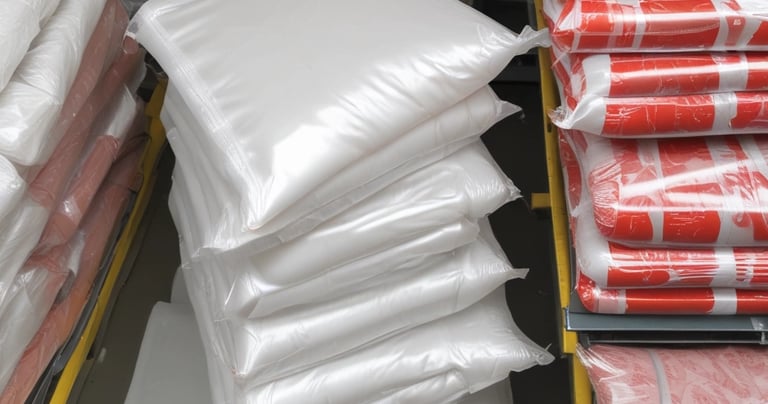 Various food packaging bags and cooking papers arranged artistically on a kitchen surface.