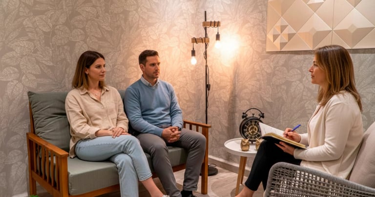 a man and woman sitting in a waiting room