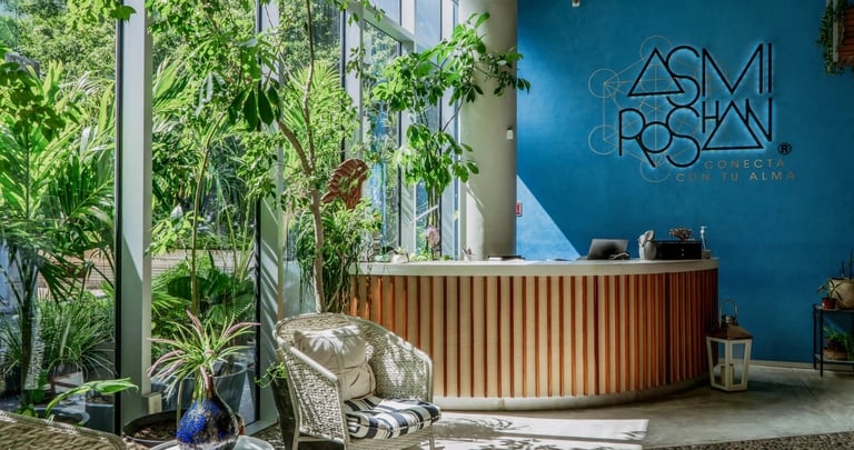 a reception area with a reception table and a reception table