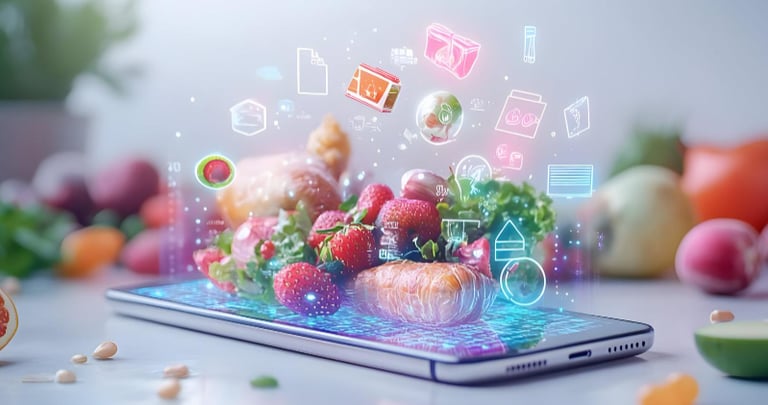 Gezonde voeding komt uit een tablet, visualisatie van online voedingsadvies of recepten.