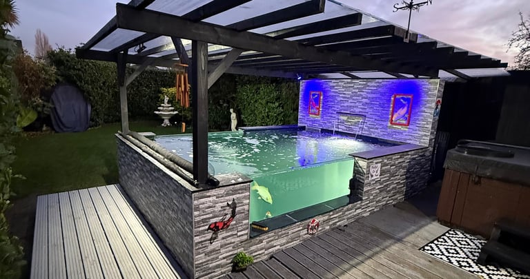 block koi pond all out Burton drum filter & bio chamber 2x big windows with pergola garden ponds