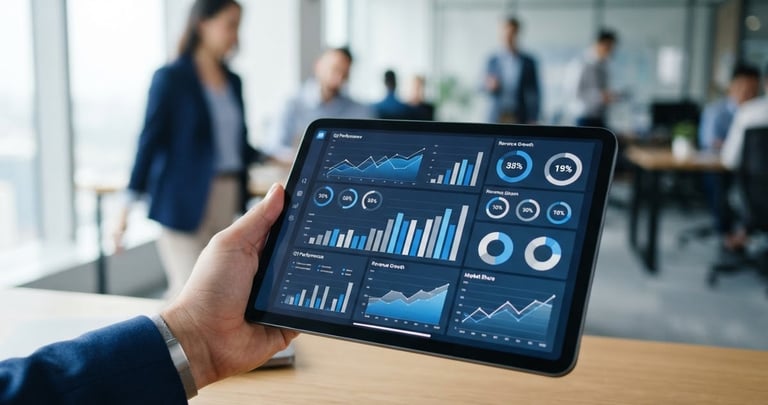 Close-up of modern tablet displaying business metrics in a bright corporate office, shallow depth of field, professional blue and gray tones, 35mm