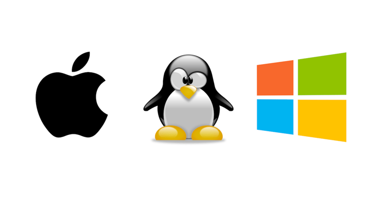 a combination of the Apple and Windows logos with Tux the Linux penguin