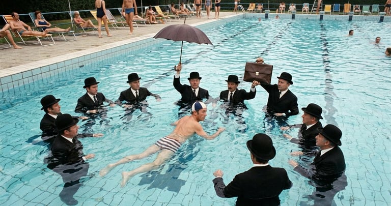 A satirical scene from Cash, Chords & Chaos observing power, incentives, and absurd behaviour inside