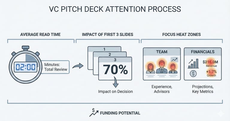 Infographic showing how investors scan VC pitch decks in under 3 minutes.