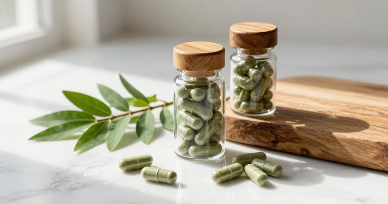 Premium moringa supplement capsules with fresh leaves showing quality organic sourcing