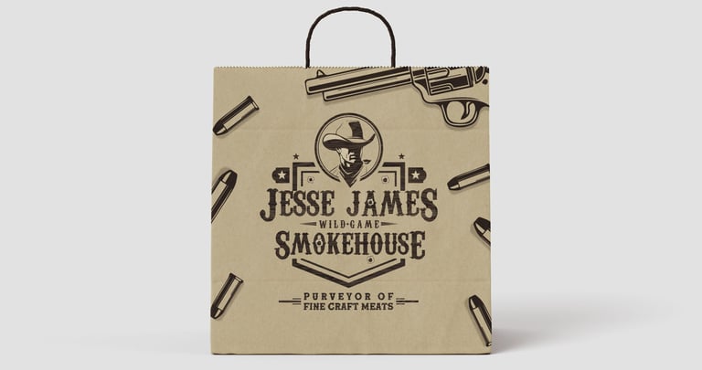 Rustic and bold branding design for Jesse James Smokehouse, reflecting smoky flavors, and tradition.