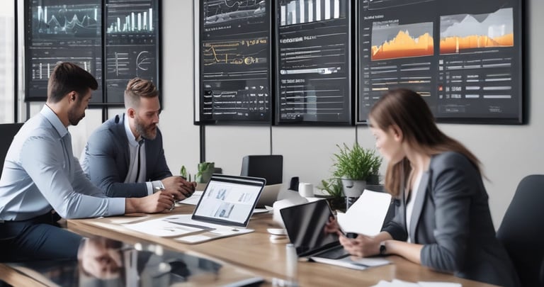 Modern office workspace with team collaborating on SaaS and ecommerce solutions.