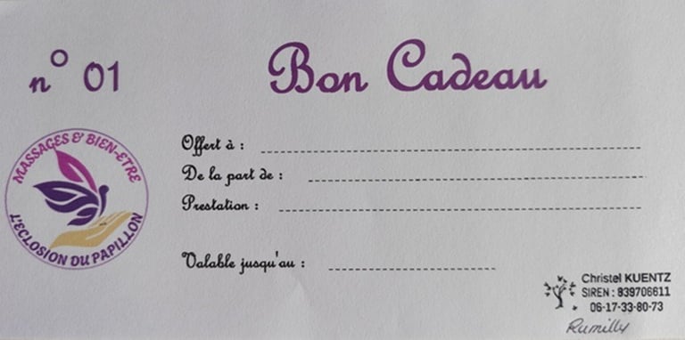 bon cadeau pour des massages ou soins énergétiques à l'éclosion du papillon à Rumilly
