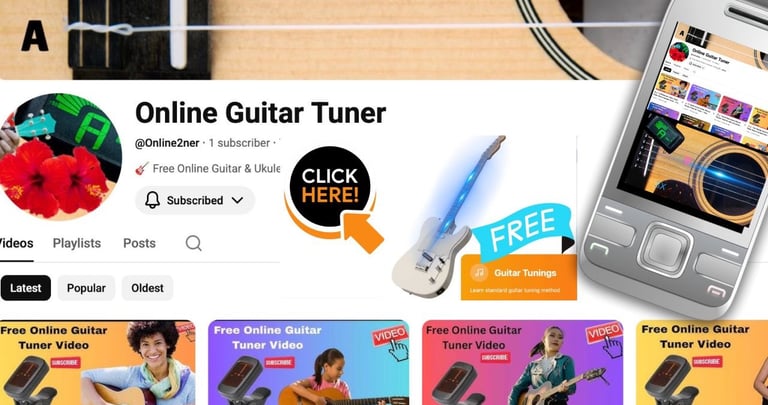 Screenshot of an online guitar tuner YouTube channel with free tuning video tutorials.