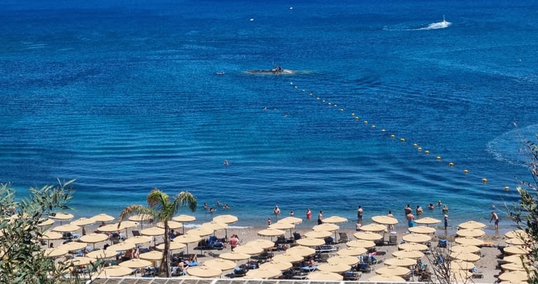 Wide view of a sunny beach resort with tan umbrellas and people swimming in deep blue ocean water.
