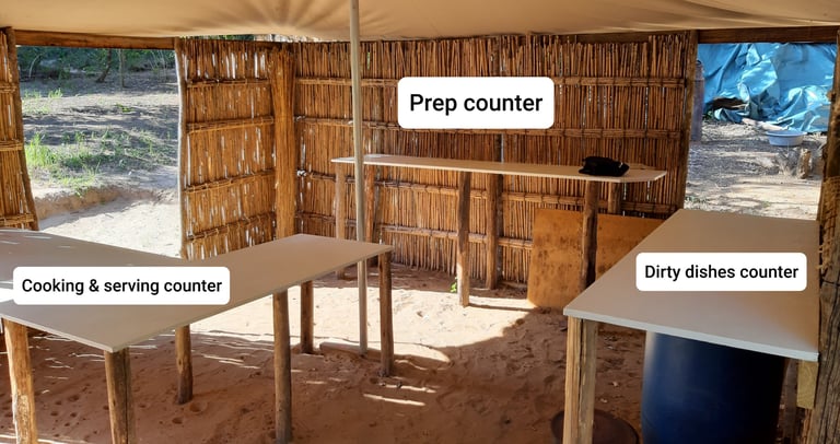 Kitchen prep, serving, and cleaning area at Miggo's exclusive use campsite at Kosi Bay Mouth