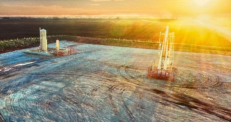 Aerial view of an oil and gas drilling rig site in a rural field at sunset with tire tracks on the ground.