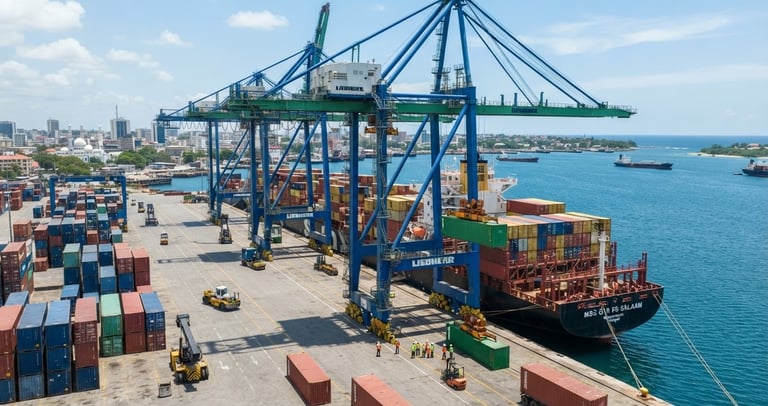 Modern port operations in Dar es Salaam with container ships and cranes under bright East African daylight, professional editorial photography, sharp focus, 35mm lens