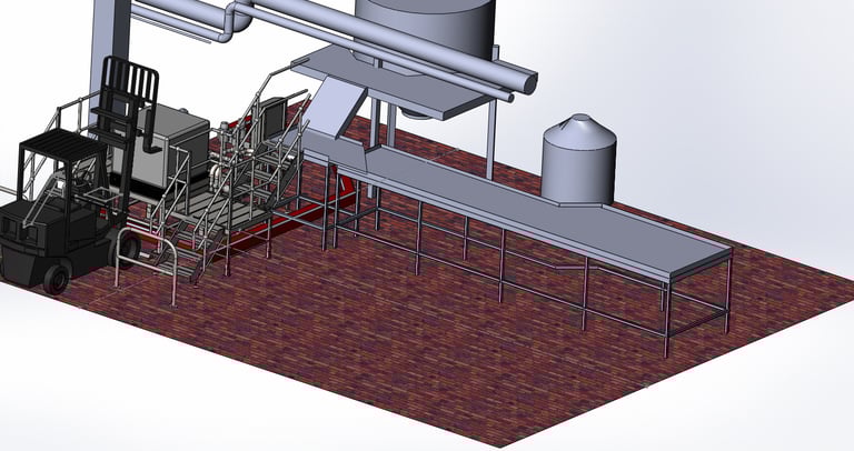 A 3D industrial CAD model of a processing plant facility featuring a forklift, storage tanks, and piping.