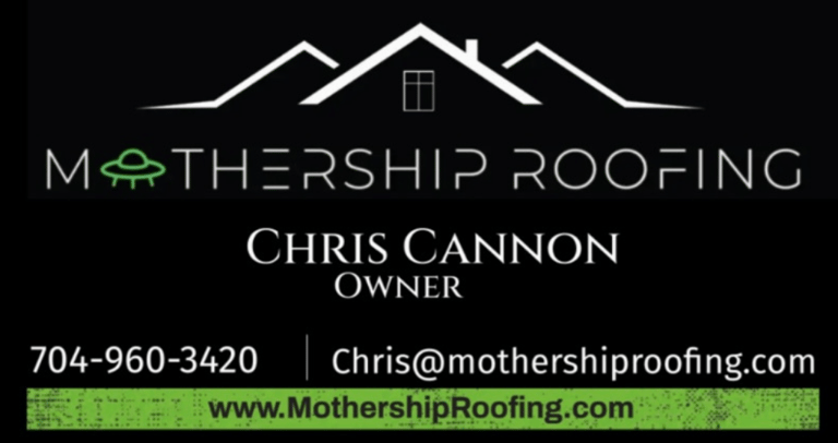 Mothership Roofing business card with owner name and contact info