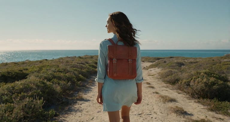 a woman walking down a path with a backpack