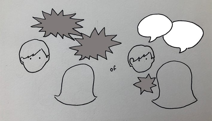 illustratie van moeder en zoon die botsen en ruzie maken versus meta-communicatie over het conflict