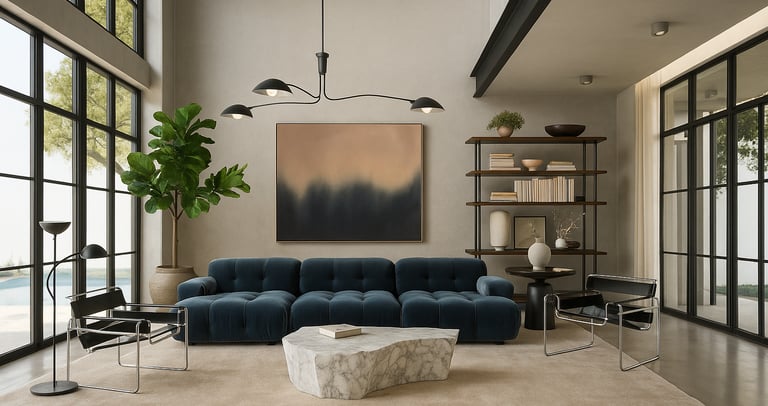 modern miami style living room with blue modern tufted couch
