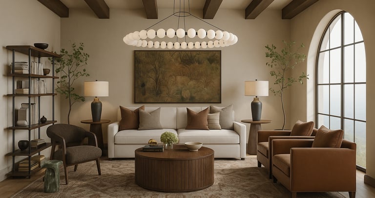 warm textured living room with couch and chairs