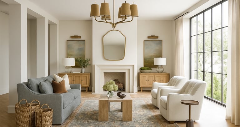 traditional living room with couch and fireplace 