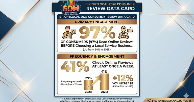 BrightLocal 2026 consumer review statistics showing 97% of consumers read reviews before choosing a