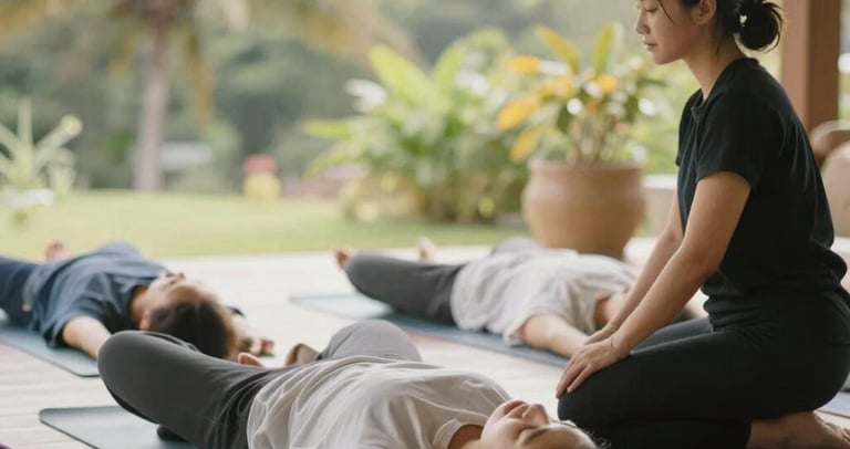 A serene wellness environment with calming colors and natural elements.