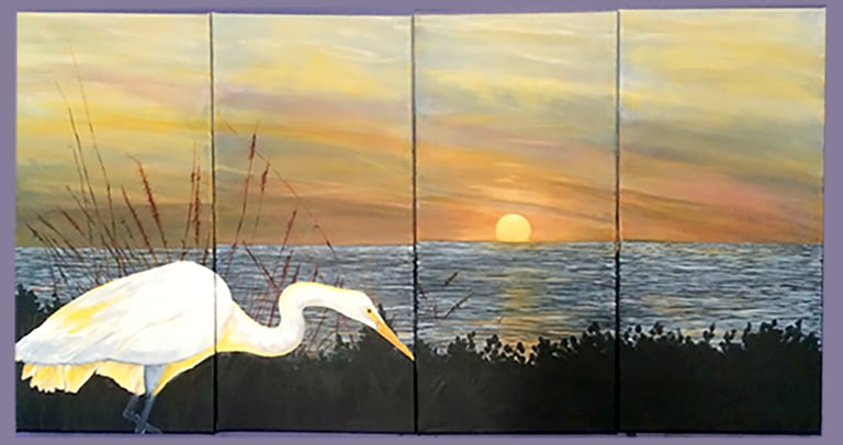 Four panel canvas mural of a showy Egret hunting along the intercoastal of Clearwater, Florida. 
