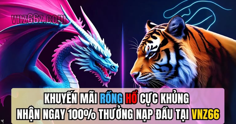 Hình ảnh khuyến mãi Rồng Hổ tại VNZ66 với ưu đãi 100% nạp đầu dành cho người chơi mới, nổi bật và th