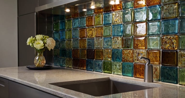 this image displays a kitchen back splash with multi color recycled glass tiles.