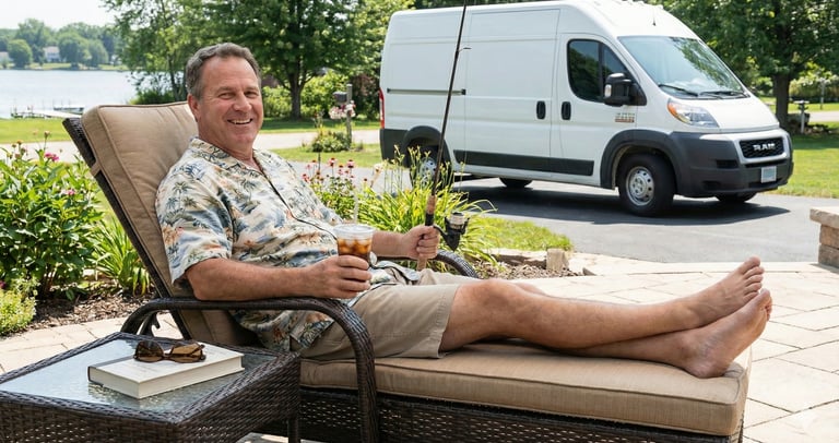 A happy, retired plumbing contractor relaxes in a lounge chair with a drink and fishing rod, a white van in the background.