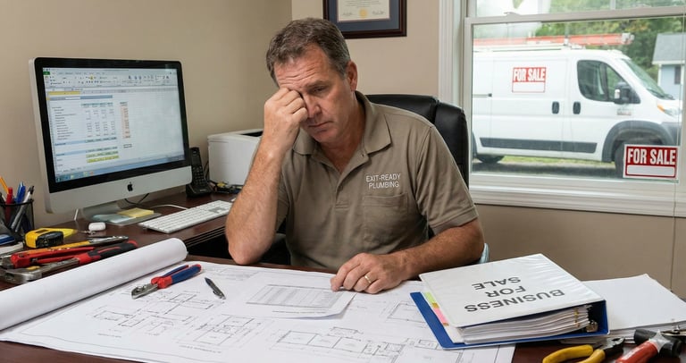 Stressed plumbing contractor at a desk with "BUSINESS FOR SALE" binder and tools, a "FOR SALE" van visible outside.