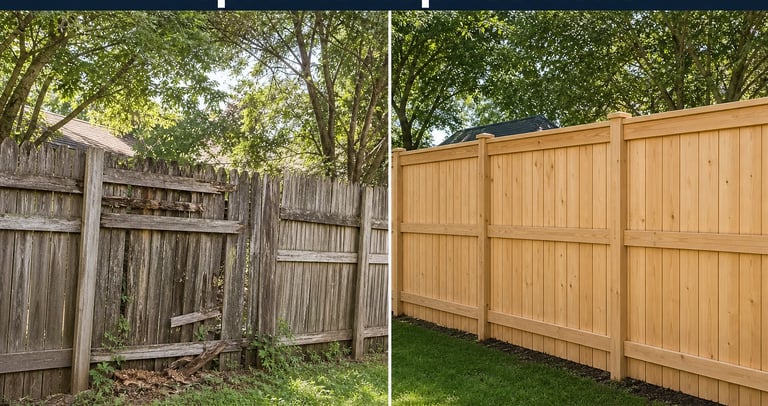 Before and after comparison of an old weathered wooden fence repair vs a new cedar privacy fence replacement.