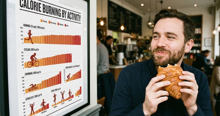 A man eating CHicken French Croissant and looking at Calories chart