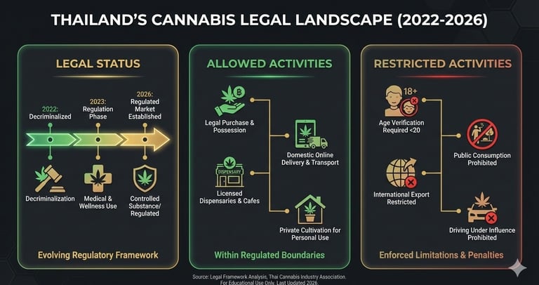 Infographic chart explaining cannabis legal status in Thailand, including allowed sales, online delivery rules, restrictions,