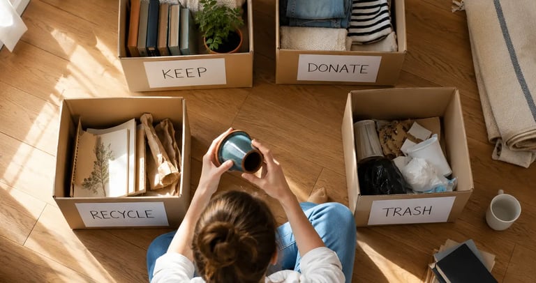 overhead shot of someone using the 4-Box method with four labelled cardboard boxes on a wooden floor, items being sorted