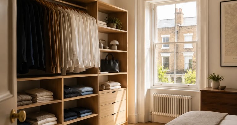 An organised wardrobe in a London bedroom with period cornicing, sash window in background