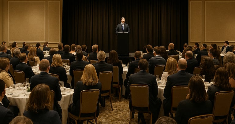 "Speaker addressing an audience at a formal event."