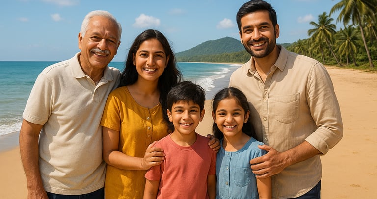 "Happy family posing near a beach and palm trees."