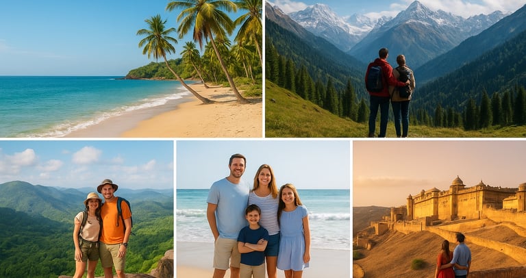"Beach, mountains, and family travel collage."